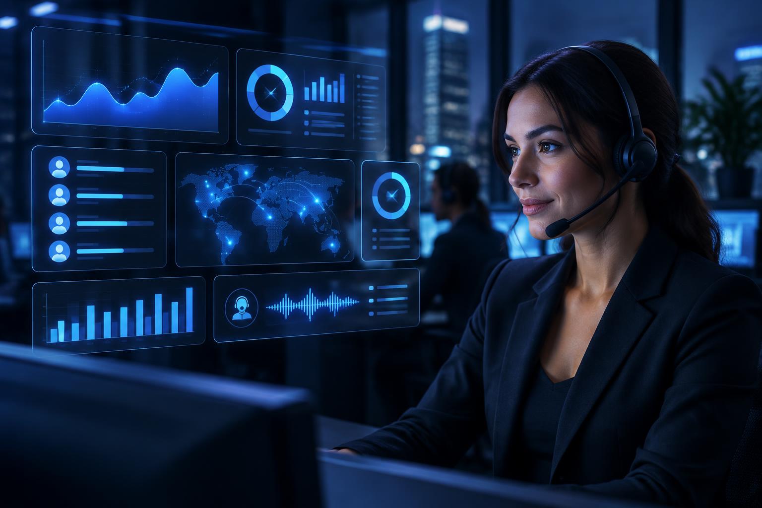 EngageX AI workforce dashboard alongside a professional human contact-center agent